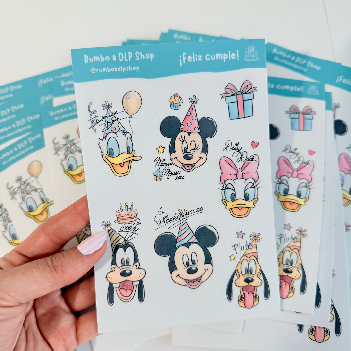 Hoja de pegatinas Feliz cumple Mickey Minnie Mouse y amigos