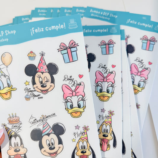 Hoja de pegatinas Feliz cumple Mickey Minnie Mouse y amigos