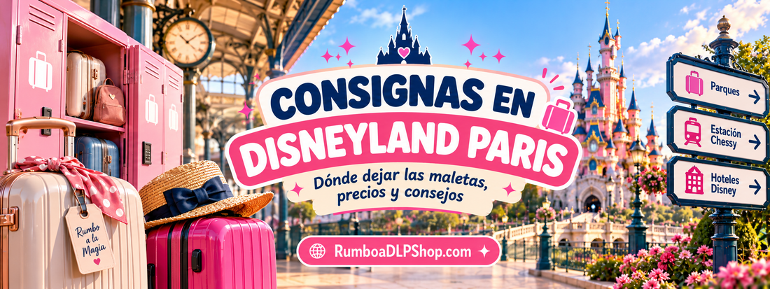 Ilustración de maletas y consignas de equipaje para la guía de dónde dejar las maletas en Disneyland Paris, RumboaDLPShop.com.
