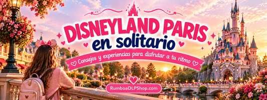 Persona adulta disfrutando en solitario de un parque de fantasía con castillo, jardines y luces mágicas, para la guía de Disneyland Paris en solitario de RumboaDLPShop.com