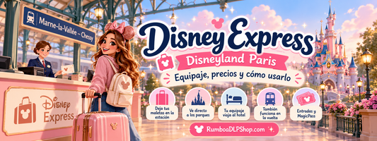 Banner ilustrado de Disney Express Disneyland Paris con una estación de tren, maletas y un castillo de cuento, sobre el servicio de traslado de equipaje entre la estación y los hoteles