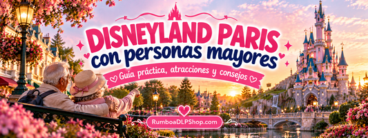 Pareja de personas mayores disfrutando de un parque de fantasía con castillo, jardines y decoración rosa, para la guía práctica de Disneyland Paris con personas mayores de RumboaDLPShop.com