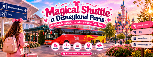 Autobús Magical Shuttle hacia Disneyland Paris con maletas, aeropuerto y castillo de fantasía, guía de precios, horarios y paradas de RumboaDLPShop.com
