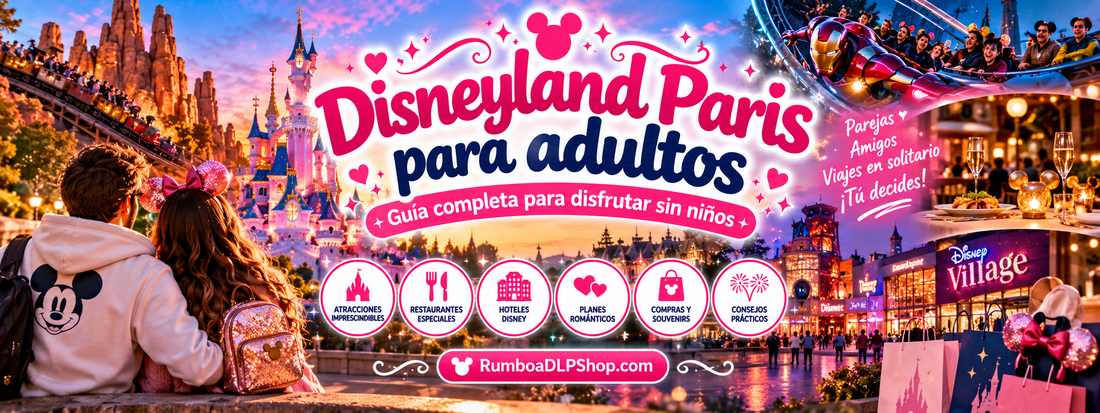 Pareja adulta disfrutando de una escapada mágica a Disneyland Paris, con el Castillo de la Bella Durmiente iluminado y ambiente romántico, guía para viajar sin niños de RumboaDLPShop.com