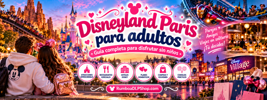 Pareja adulta disfrutando de una escapada mágica a Disneyland Paris, con el Castillo de la Bella Durmiente iluminado y ambiente romántico, guía para viajar sin niños de RumboaDLPShop.com