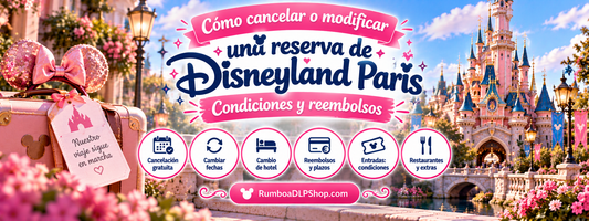 Banner sobre cómo cancelar o modificar una reserva de Disneyland Paris, con el castillo de la Bella Durmiente, calendario, cambios de fechas y reembolsos. Guía de RumboaDLPShop.com