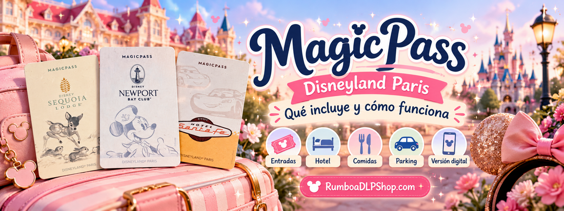 Banner ilustrado de MagicPass Disneyland Paris con tarjetas de diferentes Hoteles Disney, un castillo de cuento y las ventajas de entradas, alojamiento, comidas, aparcamiento y versión digital. Guía de RumboaDLPShop.com