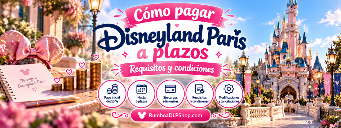 Banner ilustrado sobre cómo pagar Disneyland Paris a plazos, con un castillo de fantasía, anticipo del 15 %, hasta 6 pagos y consejos de reserva de RumboaDLPShop.com