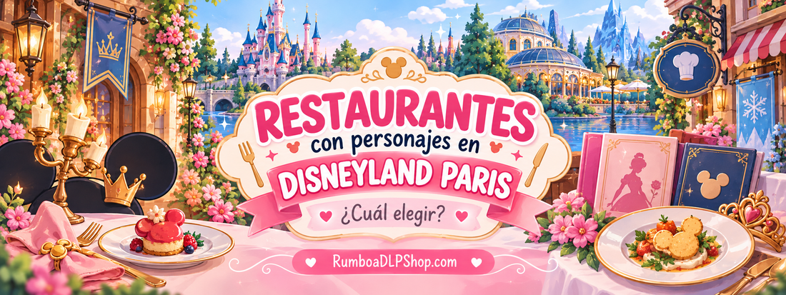 Comparativa de restaurantes con personajes en Disneyland Paris: Auberge de Cendrillon, Royal Banquet, La Table de Lumière, The Regal View y Plaza Gardens.