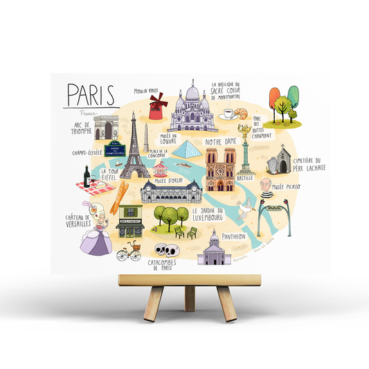 Postal Mapa de París con monumentos