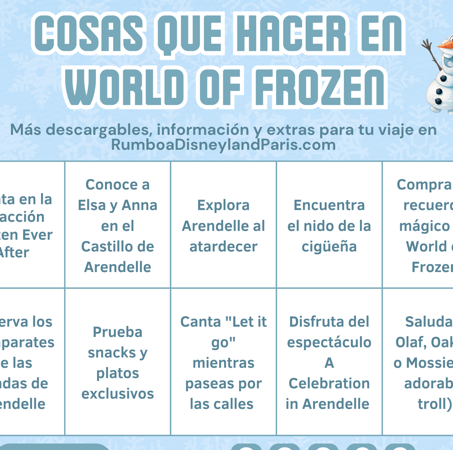 Bingo Checklist World of Frozen Disneyland Paris