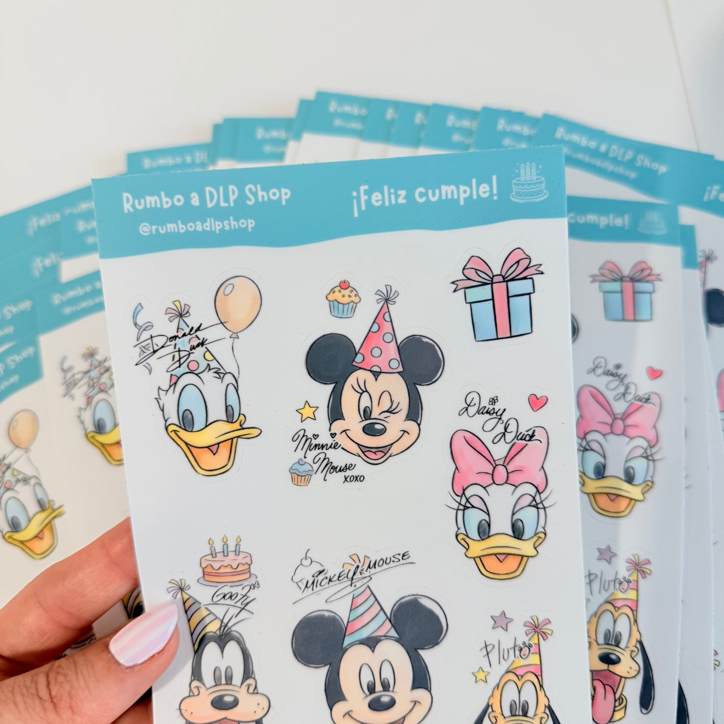 Hoja de pegatinas Feliz cumple Mickey Minnie Mouse y amigos