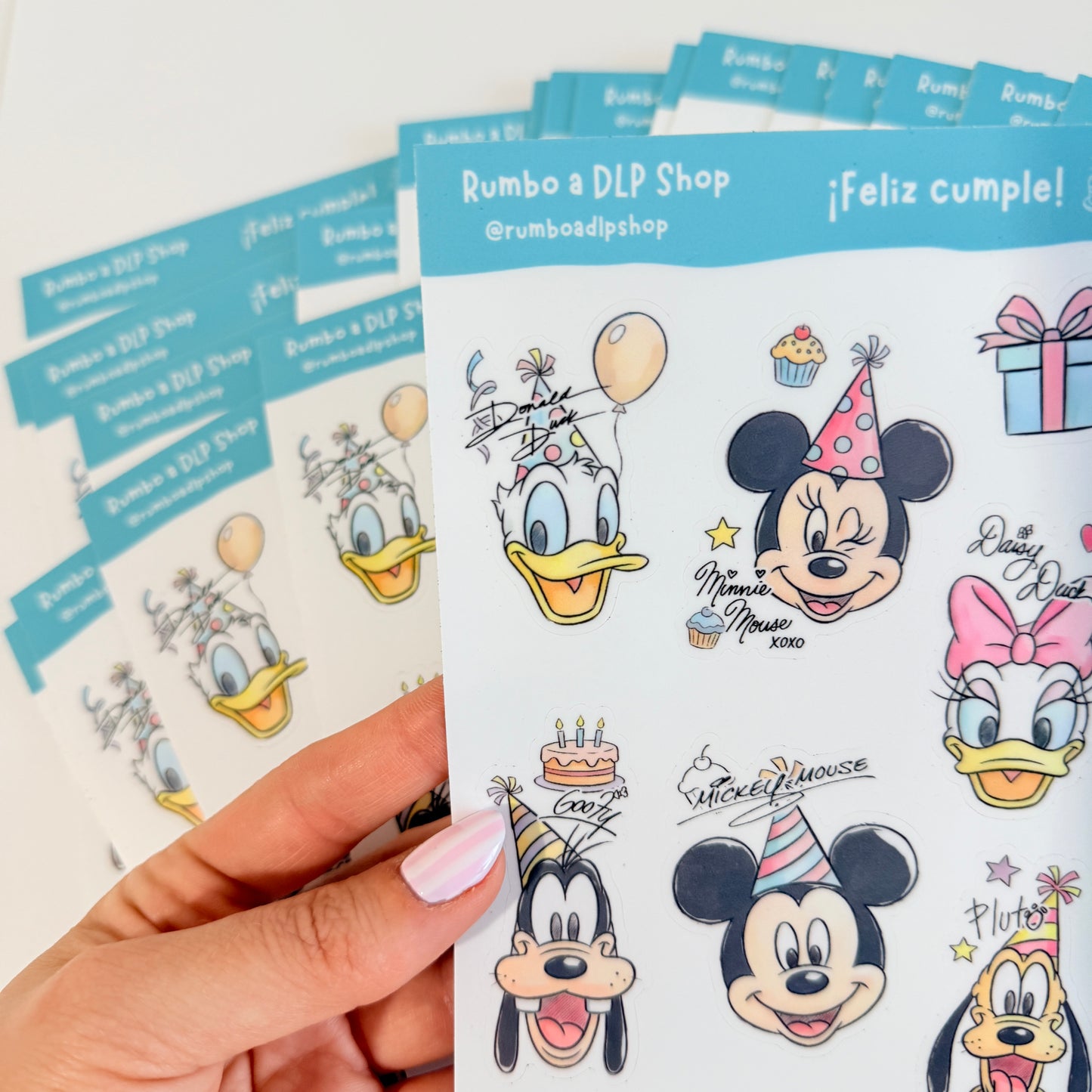 Hoja de pegatinas Feliz cumple Mickey Minnie Mouse y amigos