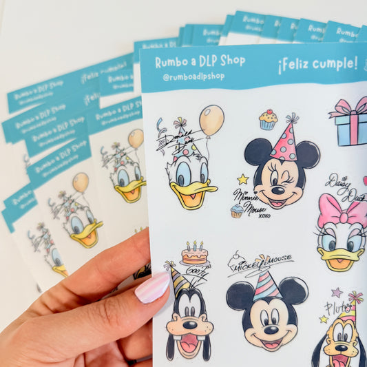Hoja de pegatinas Feliz cumple Mickey Minnie Mouse y amigos