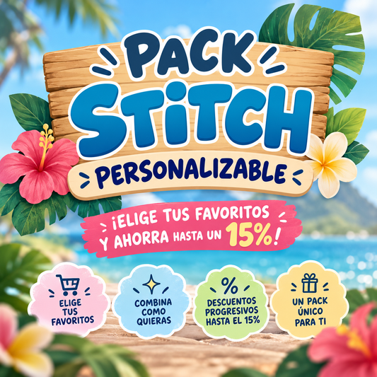 Pack Stitch Disney personalizable de Rumbo a DLP Shop. Elige tus productos favoritos y consigue hasta un 15% de descuento progresivo. Diseño tropical con flores hawaianas y fondo de playa.