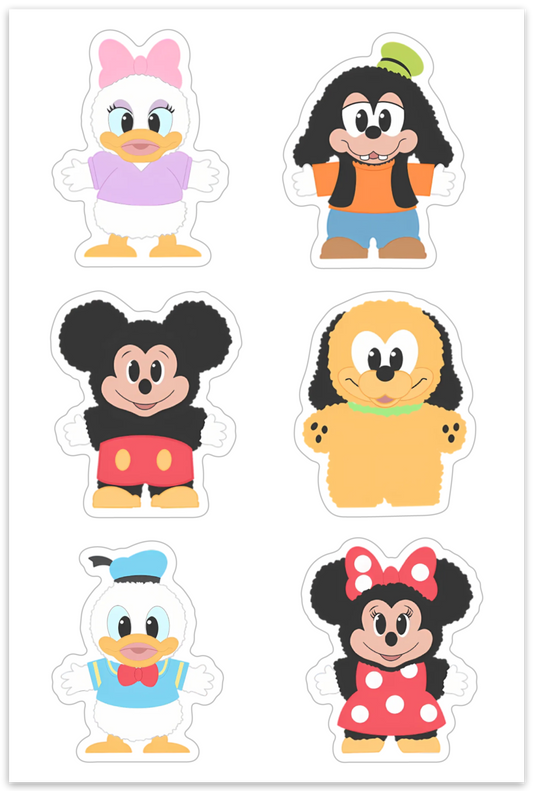 Hoja de pegatinas Peluches Labubu Mickey Mouse Amigos