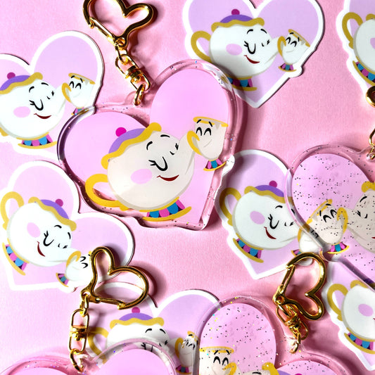 Llavero glitter Love u mom Chip y Mrs Potts Bella y Bestia