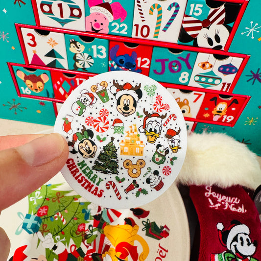 Pegatina redonda Mickey, Minnie y amigos Navidad