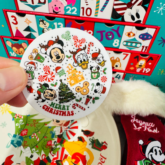Pegatina redonda Mickey, Minnie y amigos Navidad